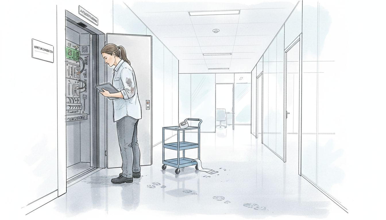 Eine Technikerin führt eine Kontrolle der Aufzugsanlage im Bürogebäude durch.