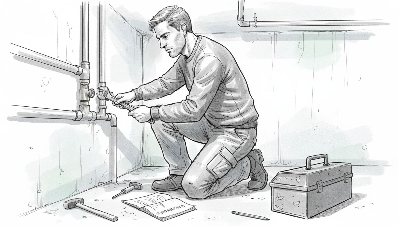 Ein Fachmann überprüft und repariert die alten Rohrleitungen im Keller.