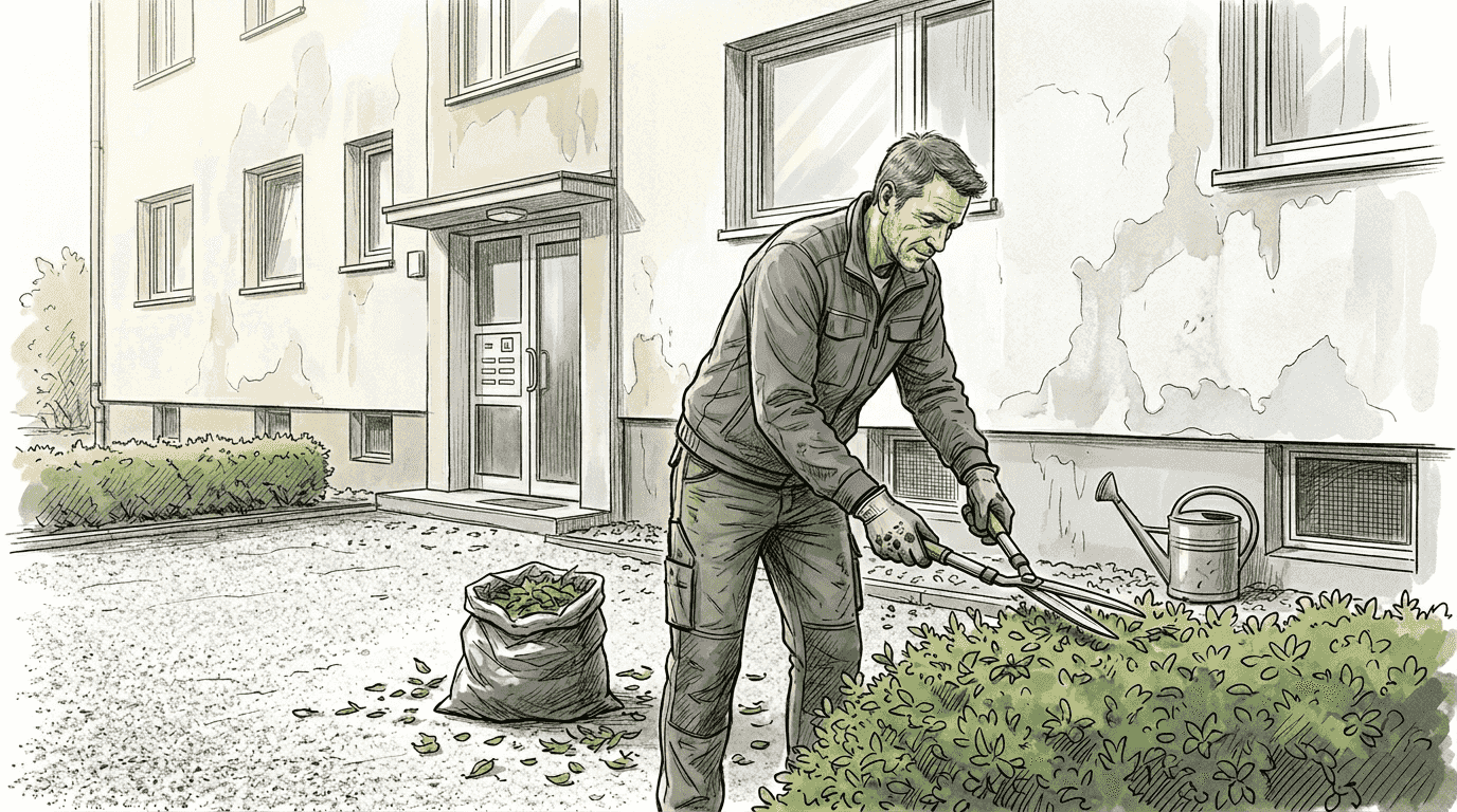 Ein Gärtner kümmert sich um die Sträucher vor dem Wohnhaus.