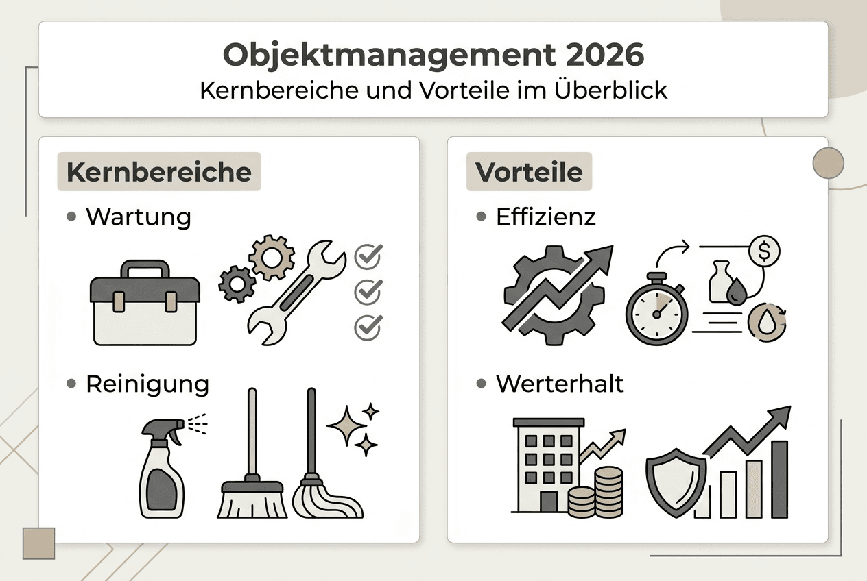 Übersichtsgrafik: Die wichtigsten Bereiche und Vorteile eines professionellen Objektmanagements auf einen Blick