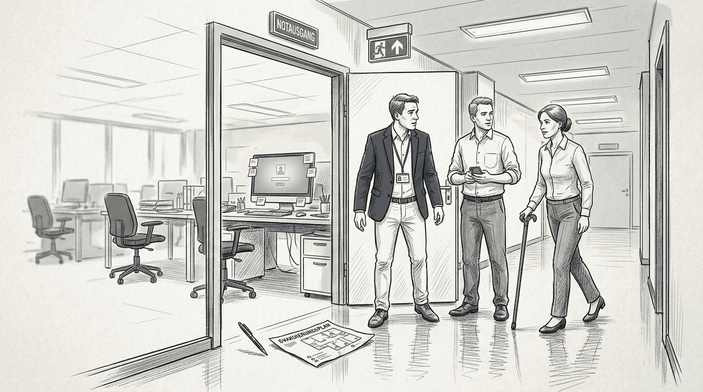 Im Rahmen einer Notfallübung verlässt das Team geschlossen das Büro.