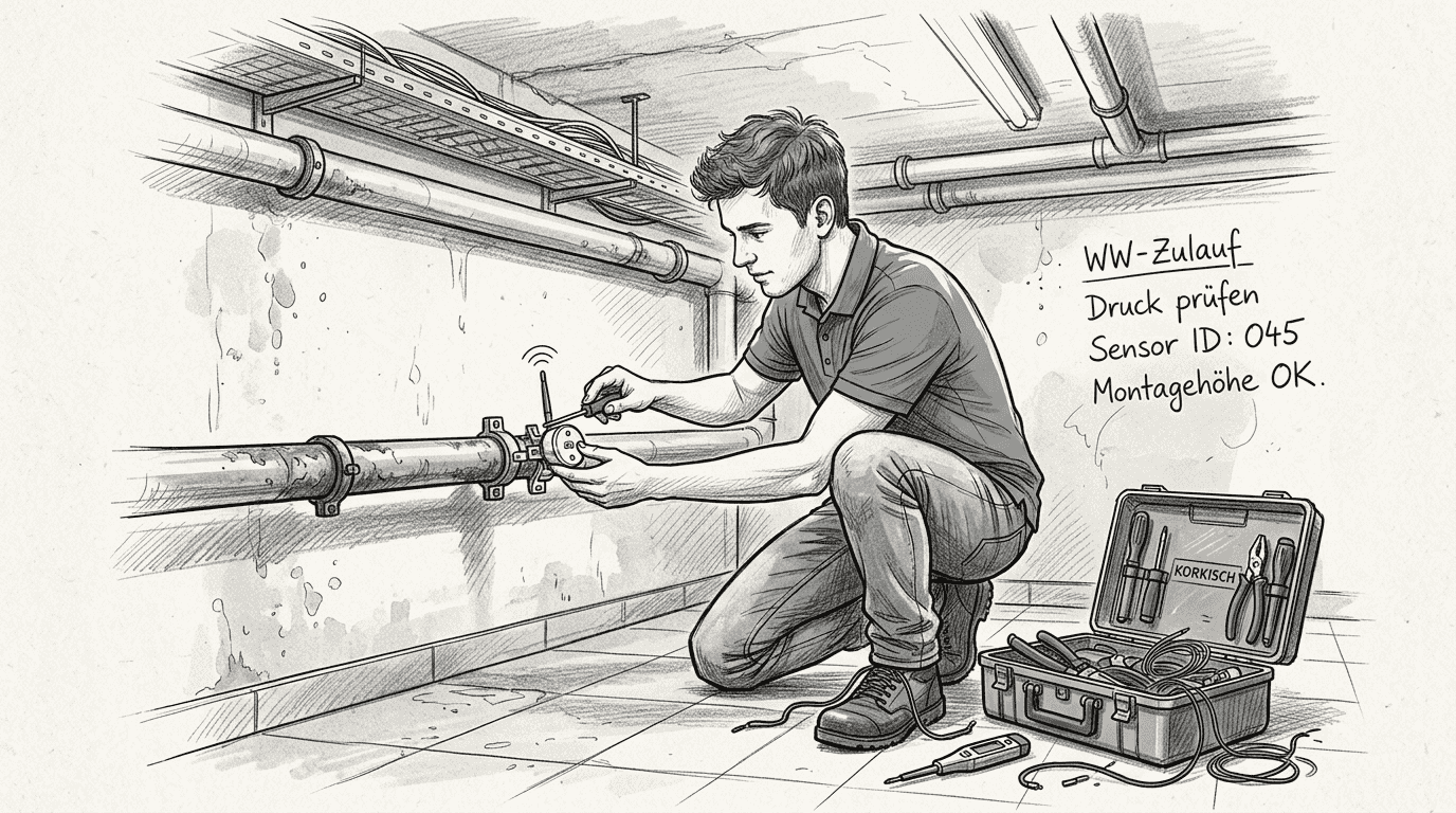 Ein Techniker bringt einen IoT-Sensor an einer Rohrleitung im Gebäude an.