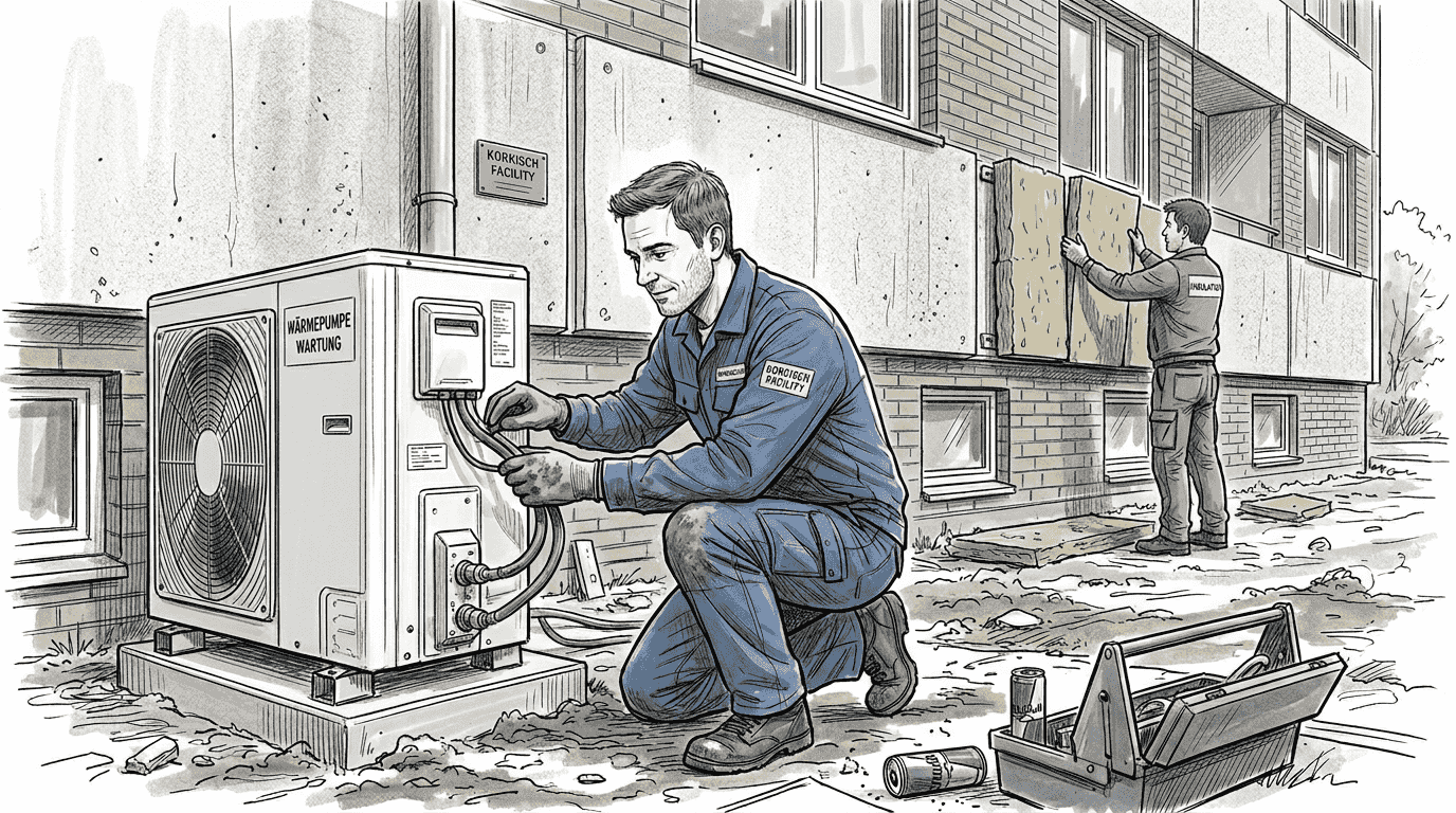 Bei der Modernisierung eines Hauses bringt ein Handwerker eine neue Wärmepumpe an.