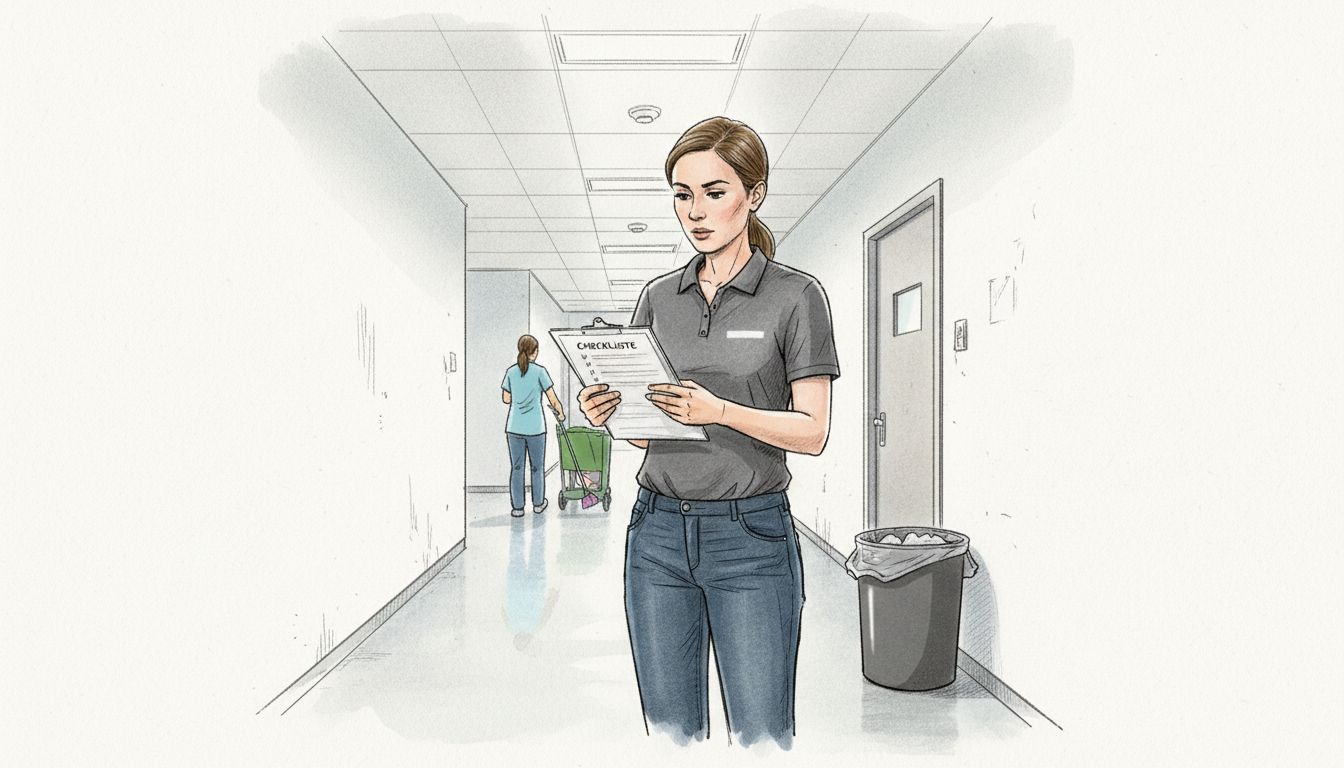 Die Facility-Managerin kontrolliert die Sauberkeit der Räume anhand einer Checkliste.