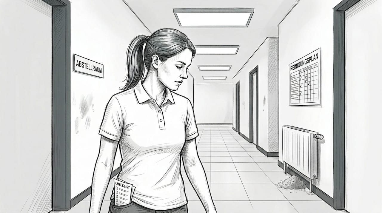 Die Aufsicht kontrolliert, ob der Flur sauber ist.