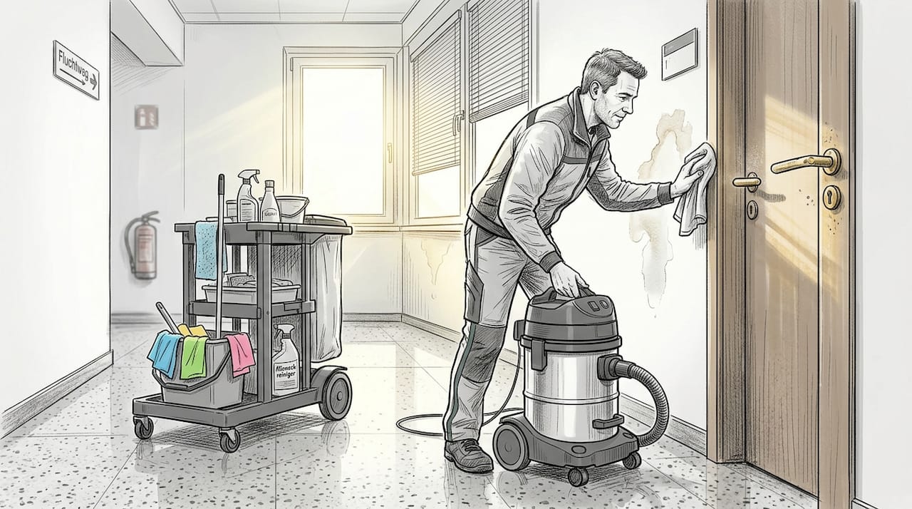 Ein Mitarbeiter testet im Flur moderne Reinigungstechnik für den Industriebereich.