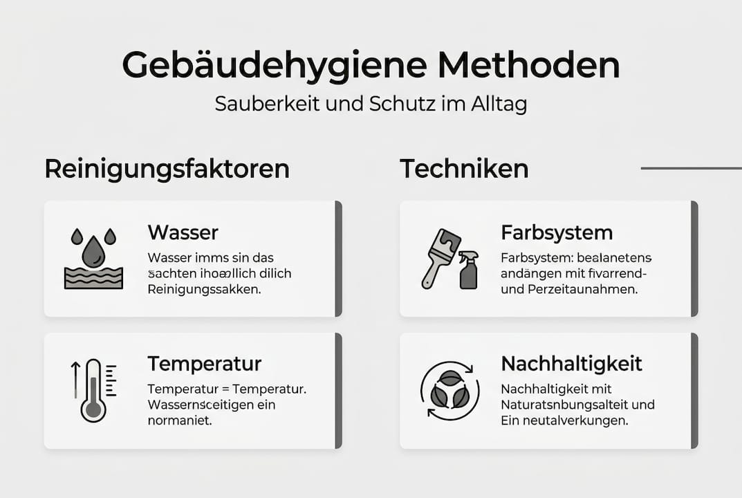 Diese Infografik gibt einen Überblick über die wichtigsten Methoden zur Gebäudereinigung und -hygiene.