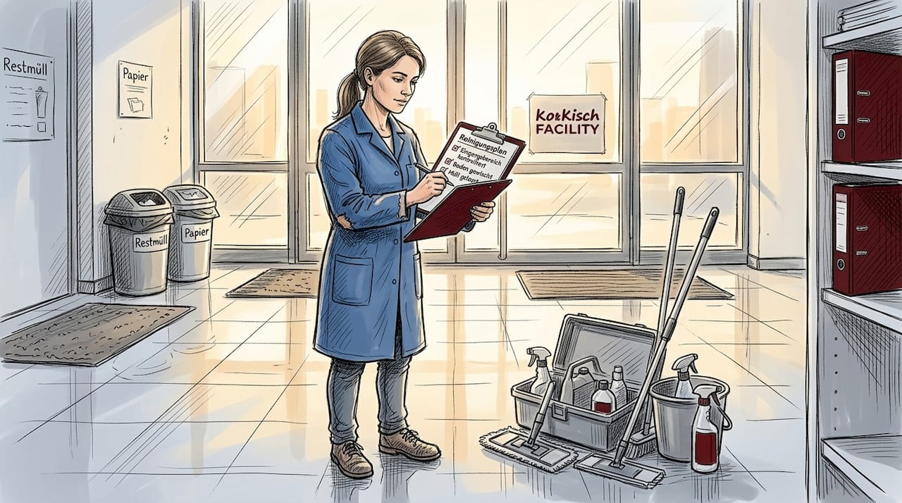 Eine Mitarbeiterin kontrolliert die Sauberkeit in der Lobby.