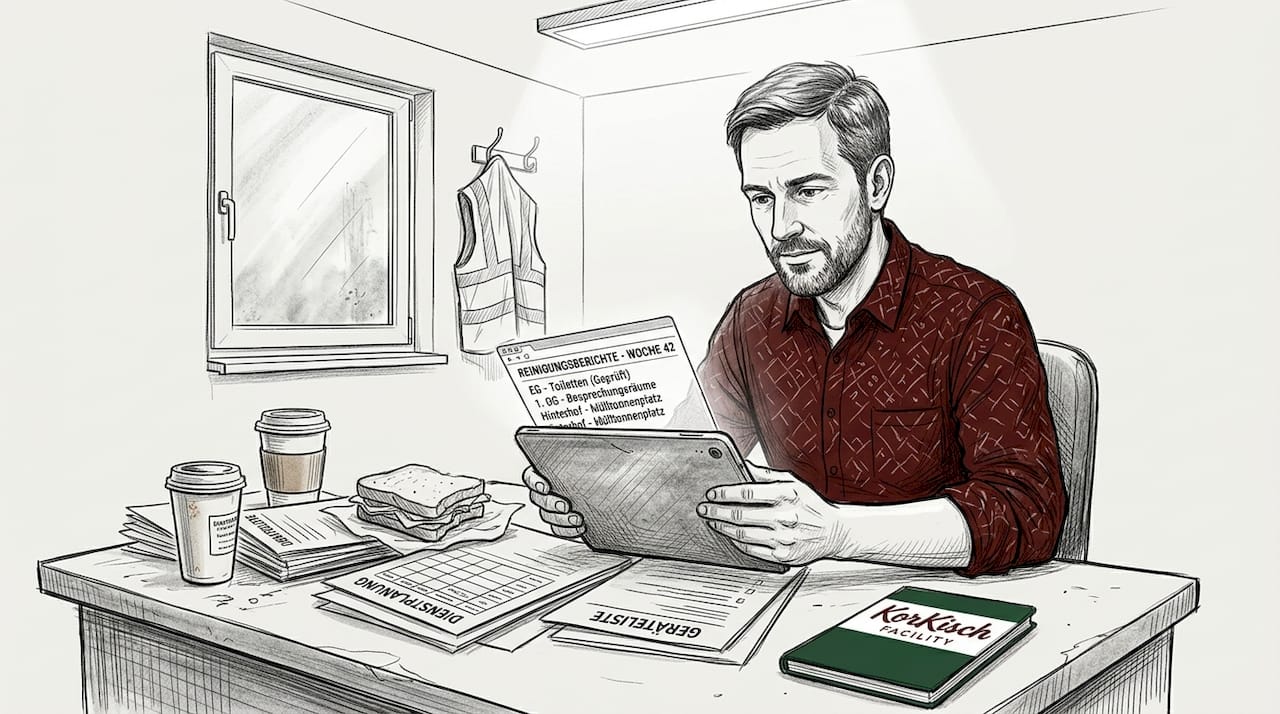 Eine Führungskraft prüft im Büro die digital erfassten Reinigungsprotokolle.