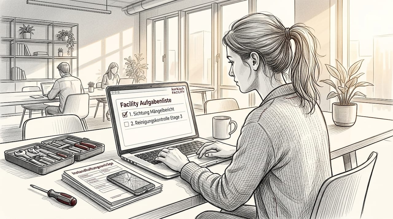 Eine Frau nutzt digitale Werkzeuge, um die Instandhaltung eines Gebäudes effizient zu organisieren.