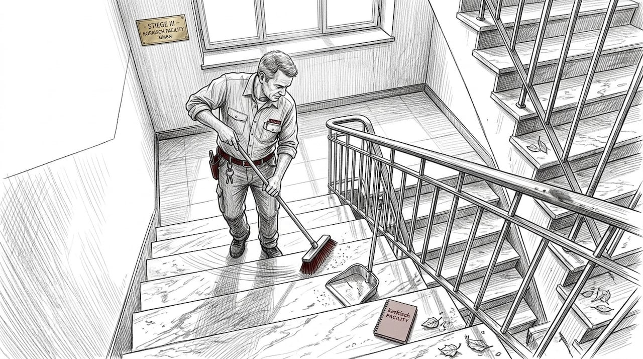 Der Hausmeister fegt die Marmortreppe im Eingangsbereich.