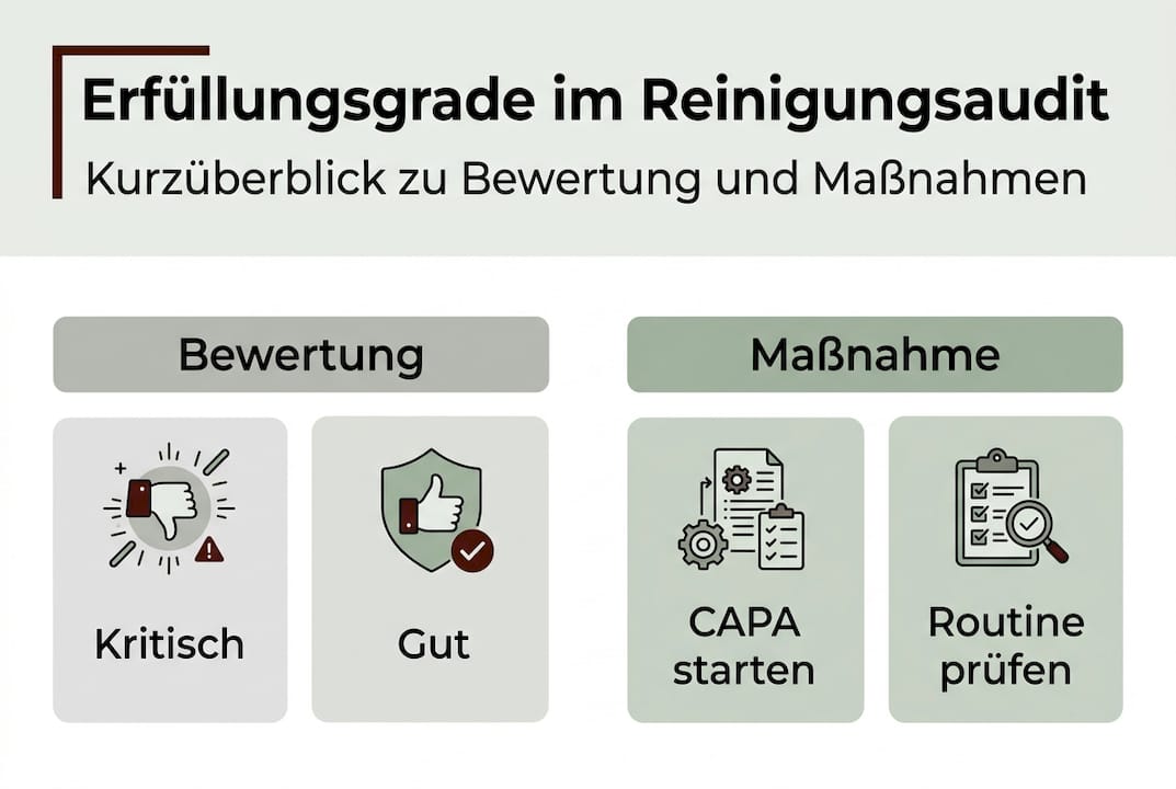 Übersicht: Erfüllungsquoten und empfohlene Maßnahmen im Reinigungsaudit