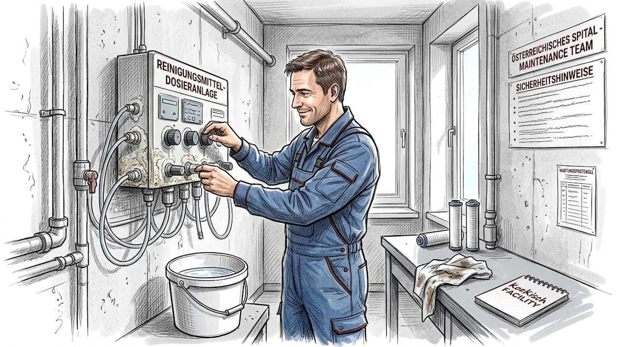 Ein Servicetechniker überprüft die Dosieranlage in der Klinik.