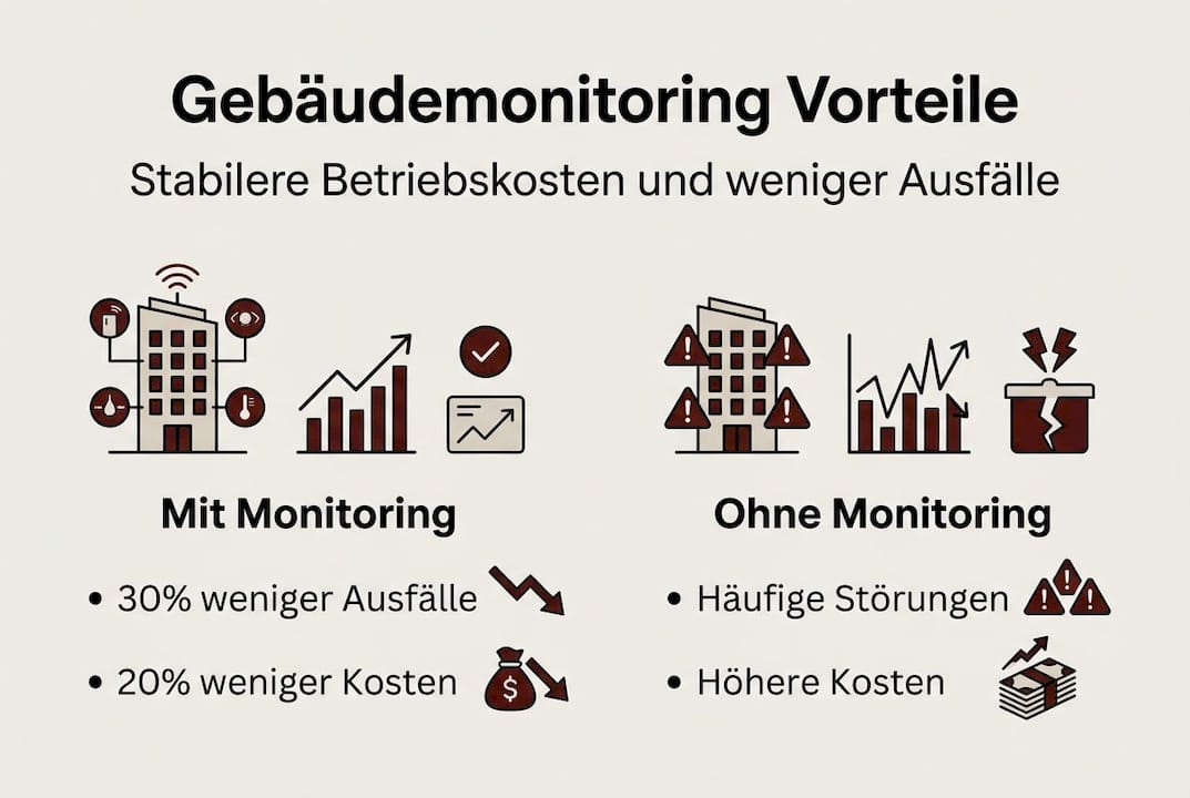 Übersichtsgrafik: Die wichtigsten Vorteile des Gebäudemonitorings im Vergleich – links und rechts gegenübergestellt