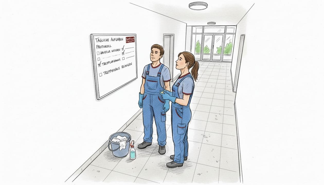 Dokumentierte Reinigung: Sicherheit, Wert und Nachweis 2 Das Reinigungsteam überprüft regelmäßig die erledigten Arbeiten im Hausflur.