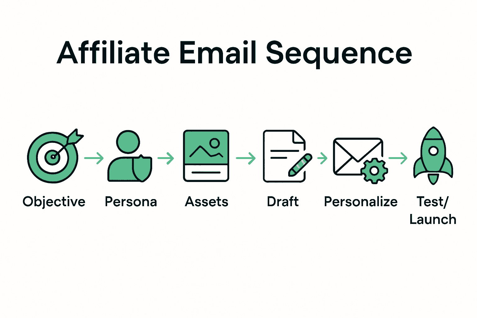 Affiliate email sequence workflow with six step icons and arrows