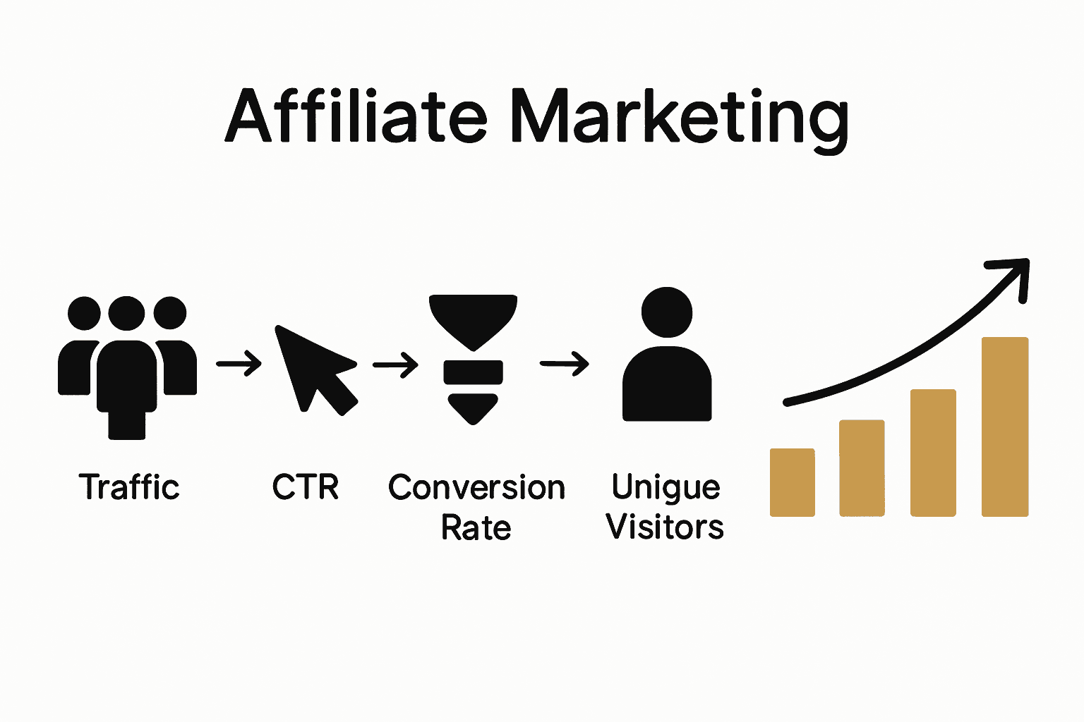 Infographic comparing affiliate marketing metrics with icons and mini chart.