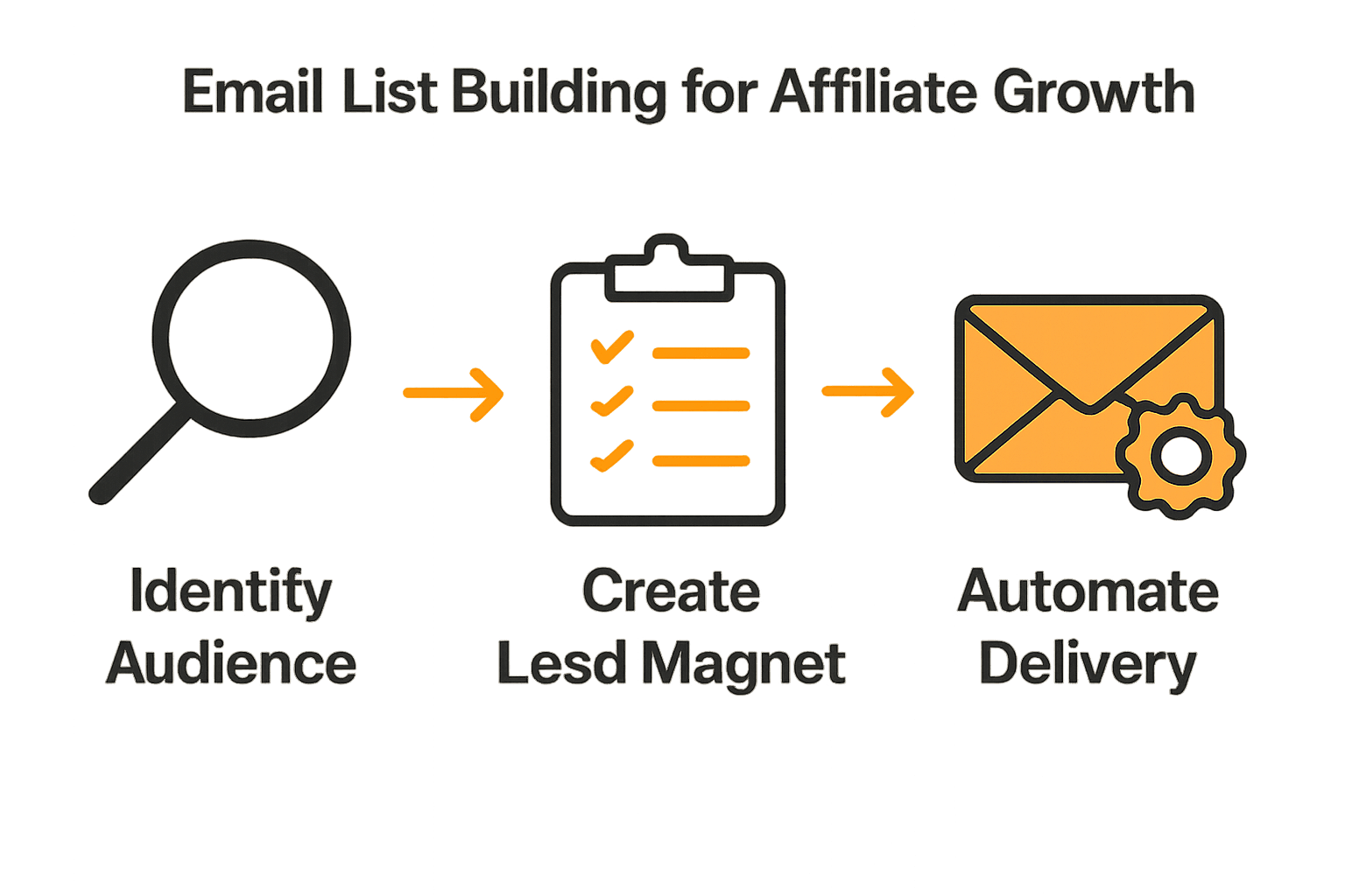 Infographic showing main stages of affiliate email list building: audience identification, lead magnet, automation.