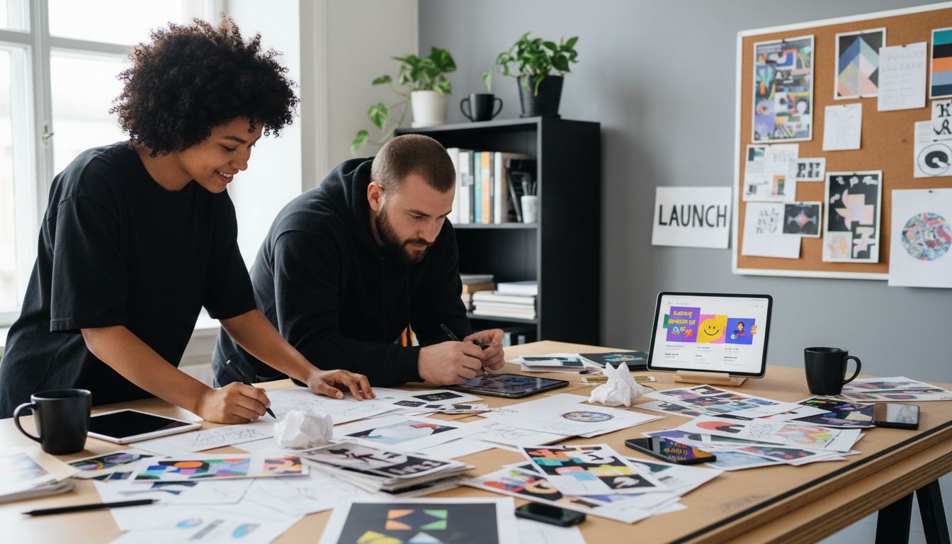 Designers reviewing promo graphics ideas