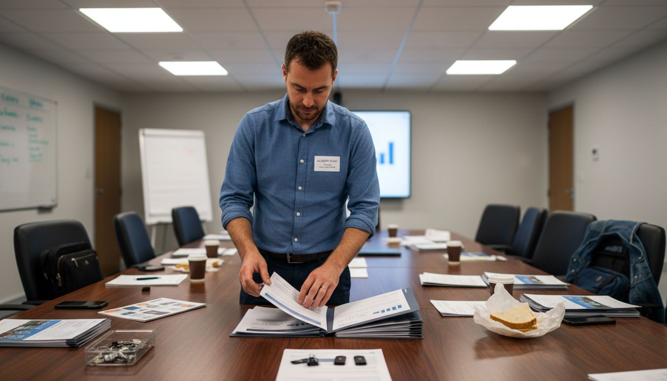 Business owner assembling press kit materials