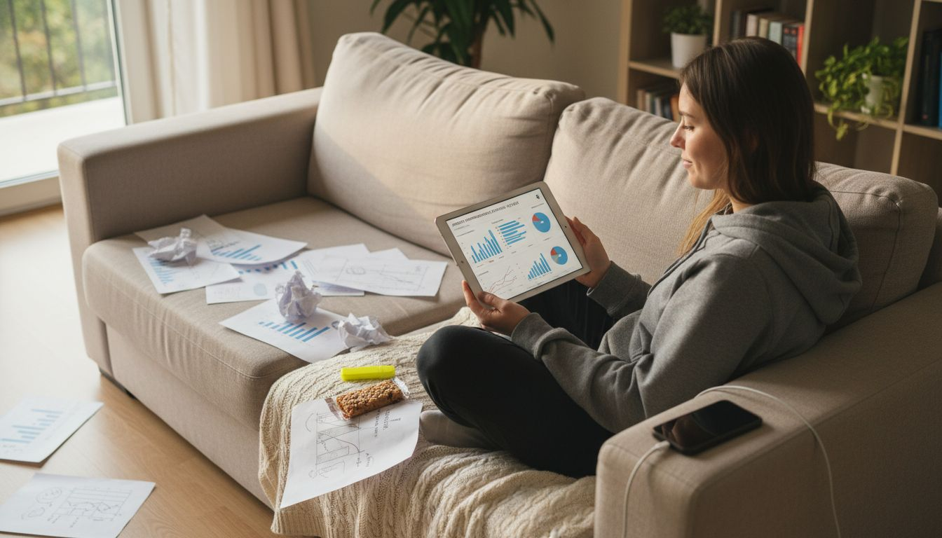 Woman reviewing affiliate stats on couch