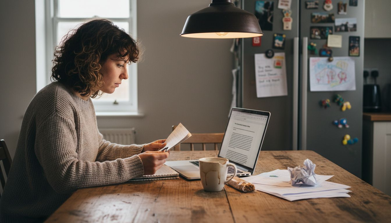 Content creator editing affiliate article at kitchen table