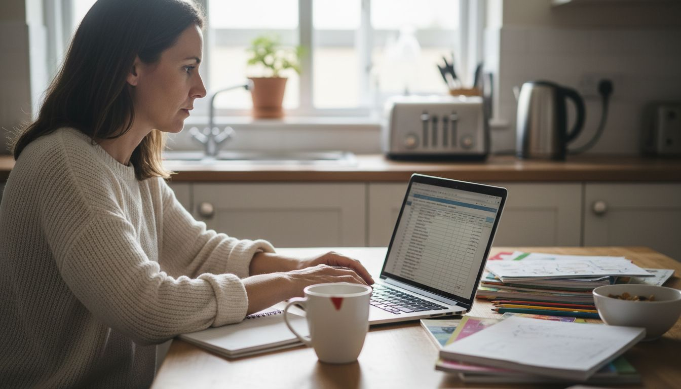 Woman managing online income at kitchen table