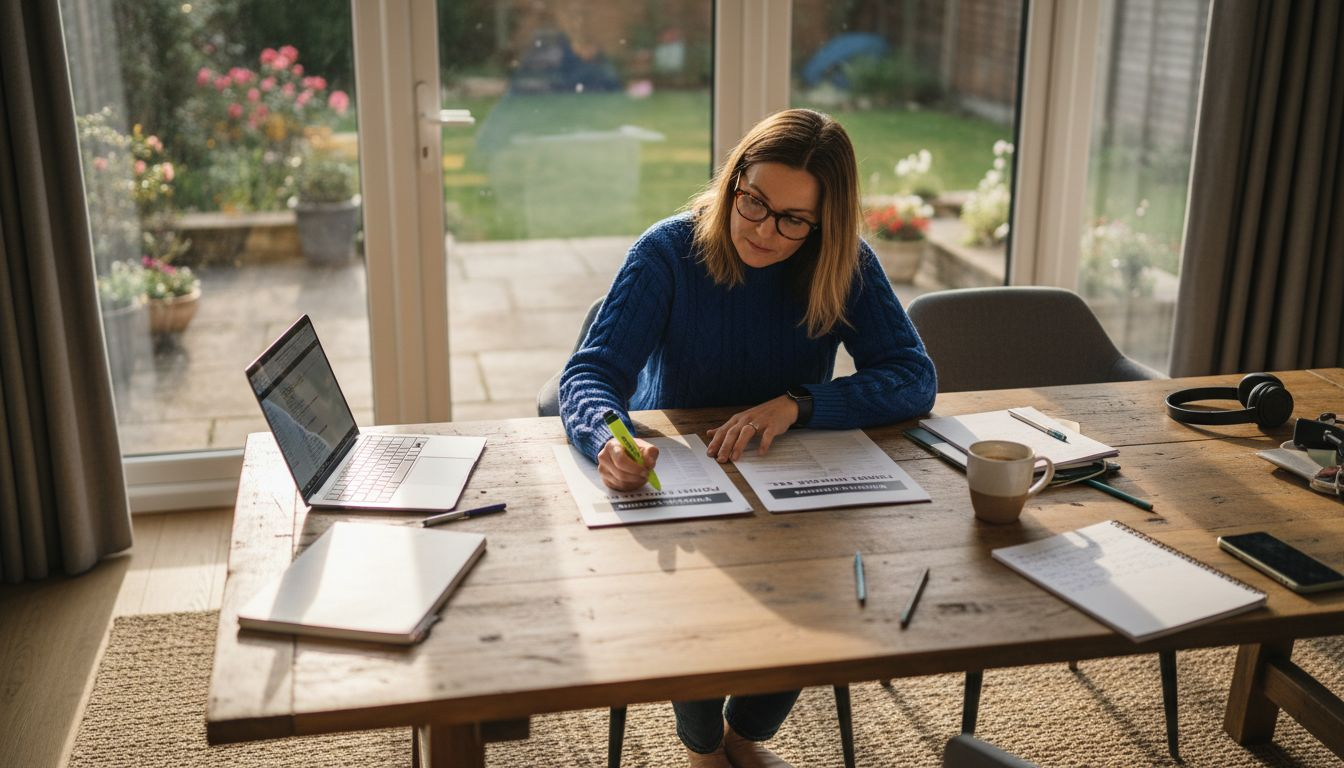 Woman comparing printed product summaries