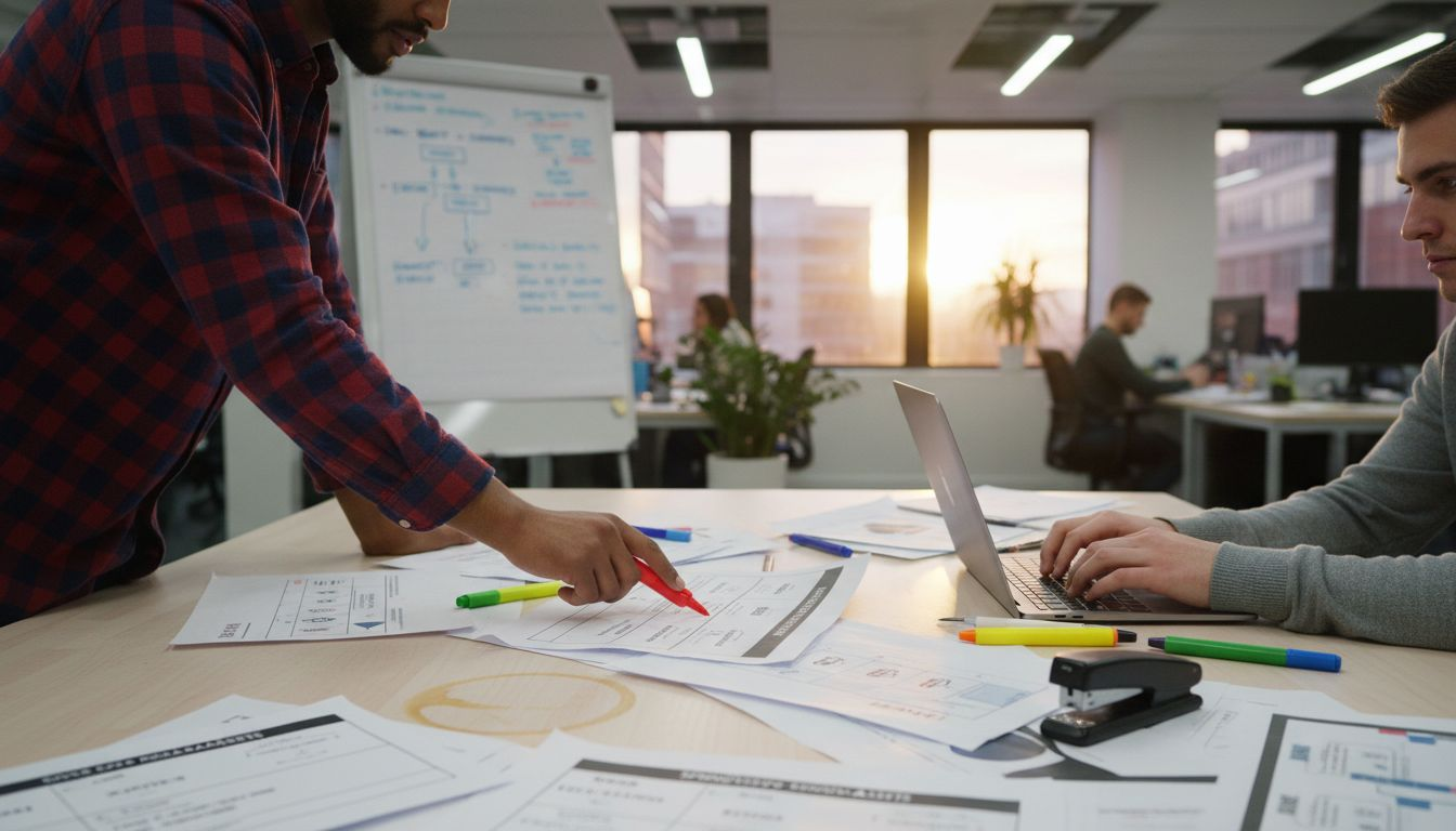 Marketing colleagues reviewing printout templates together