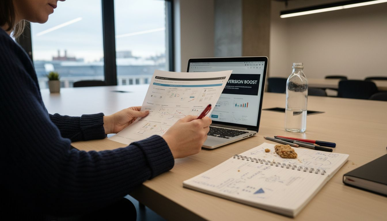 Marketer reviewing landing page mockup