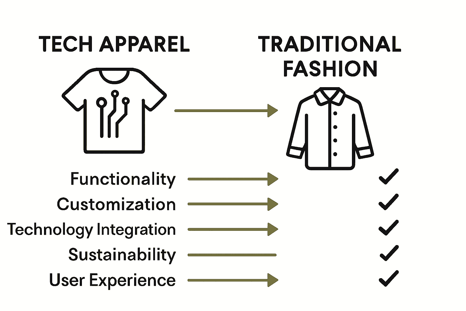 Infographic comparing features of tech apparel and traditional fashion.