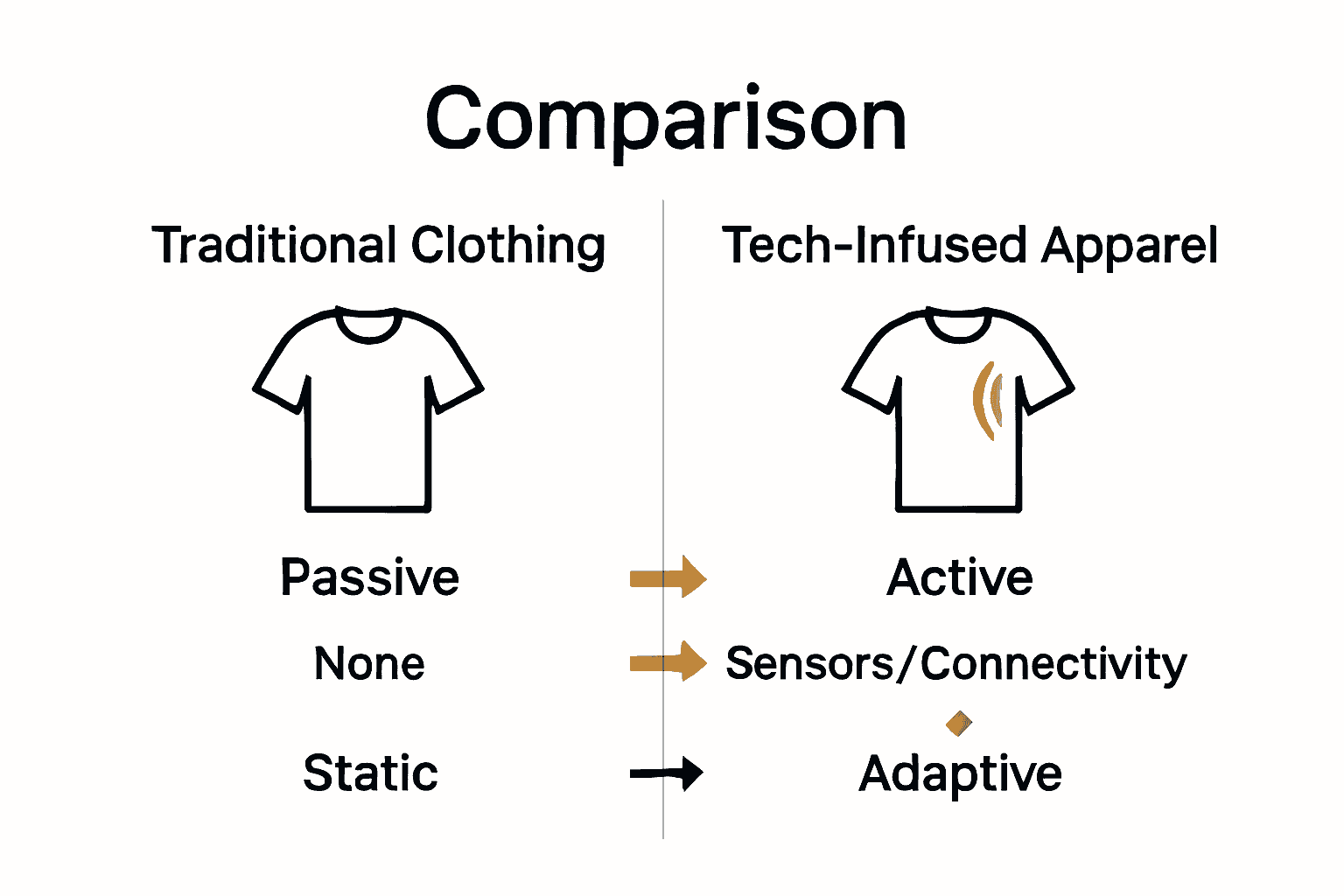 Infographic comparing traditional clothing and tech-infused apparel with icons and key differences.
