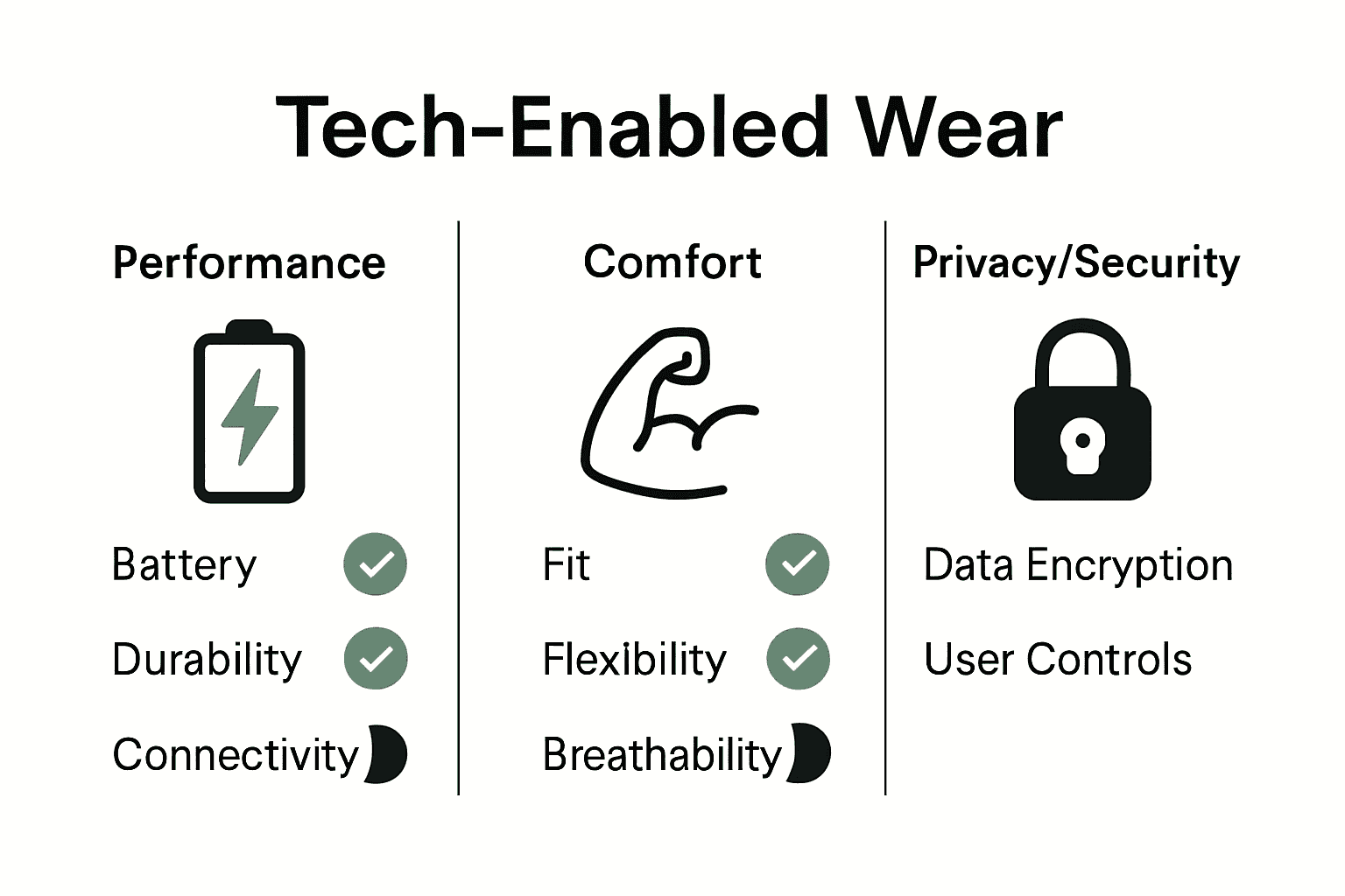 Infographic comparing performance, comfort, and security in tech-enabled wear buying decisions.