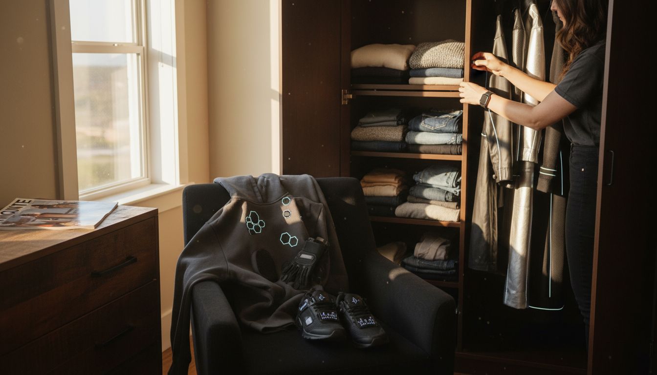 Tech-infused garments displayed with classic clothes