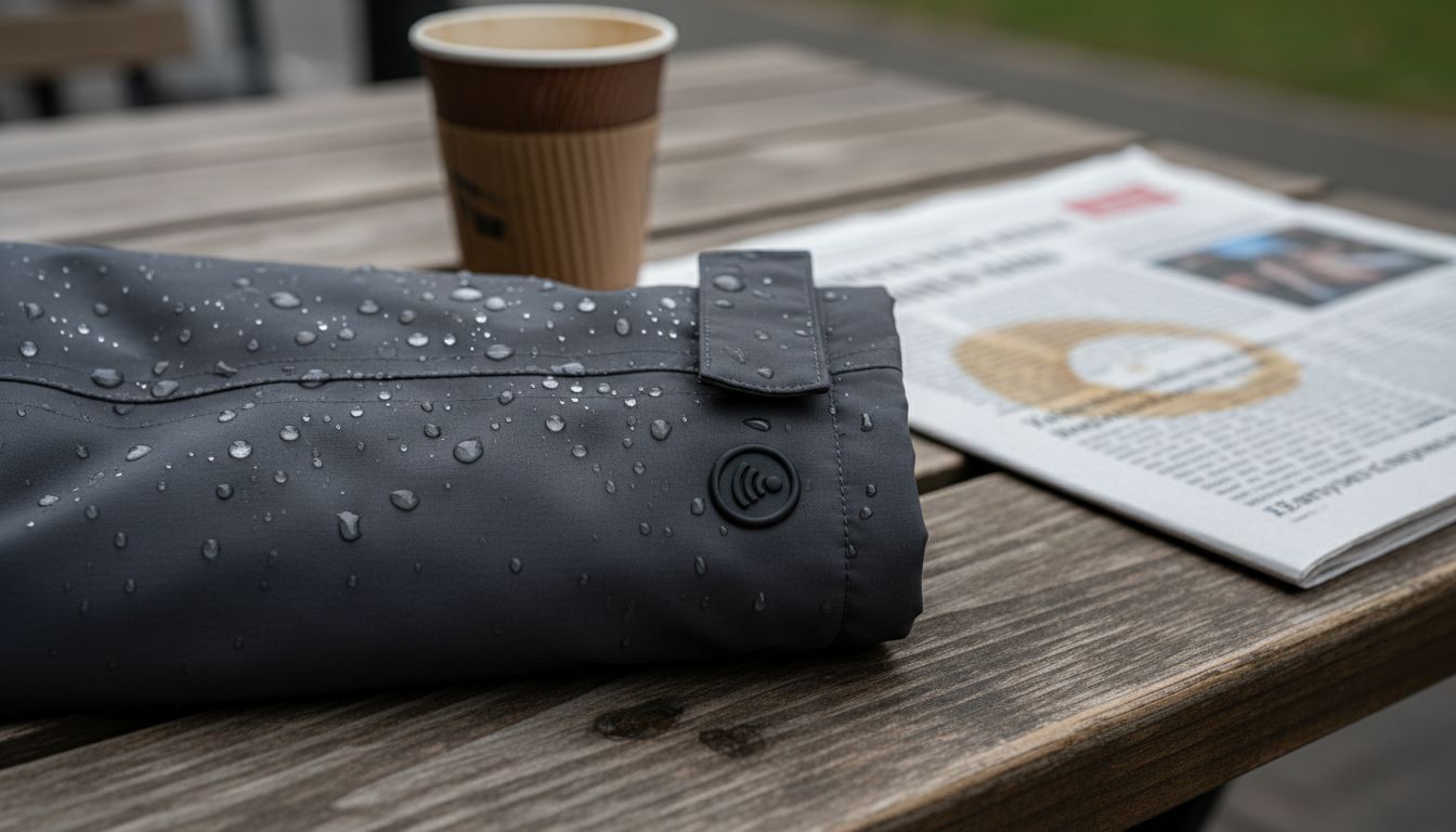 Closeup of jacket’s tech features with coffee cup