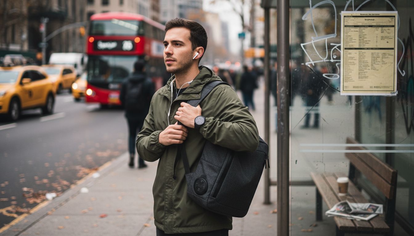 Man using wearable tech at bus stop