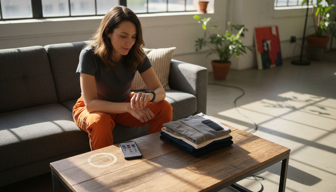 Woman coordinating smart clothing outfit at home