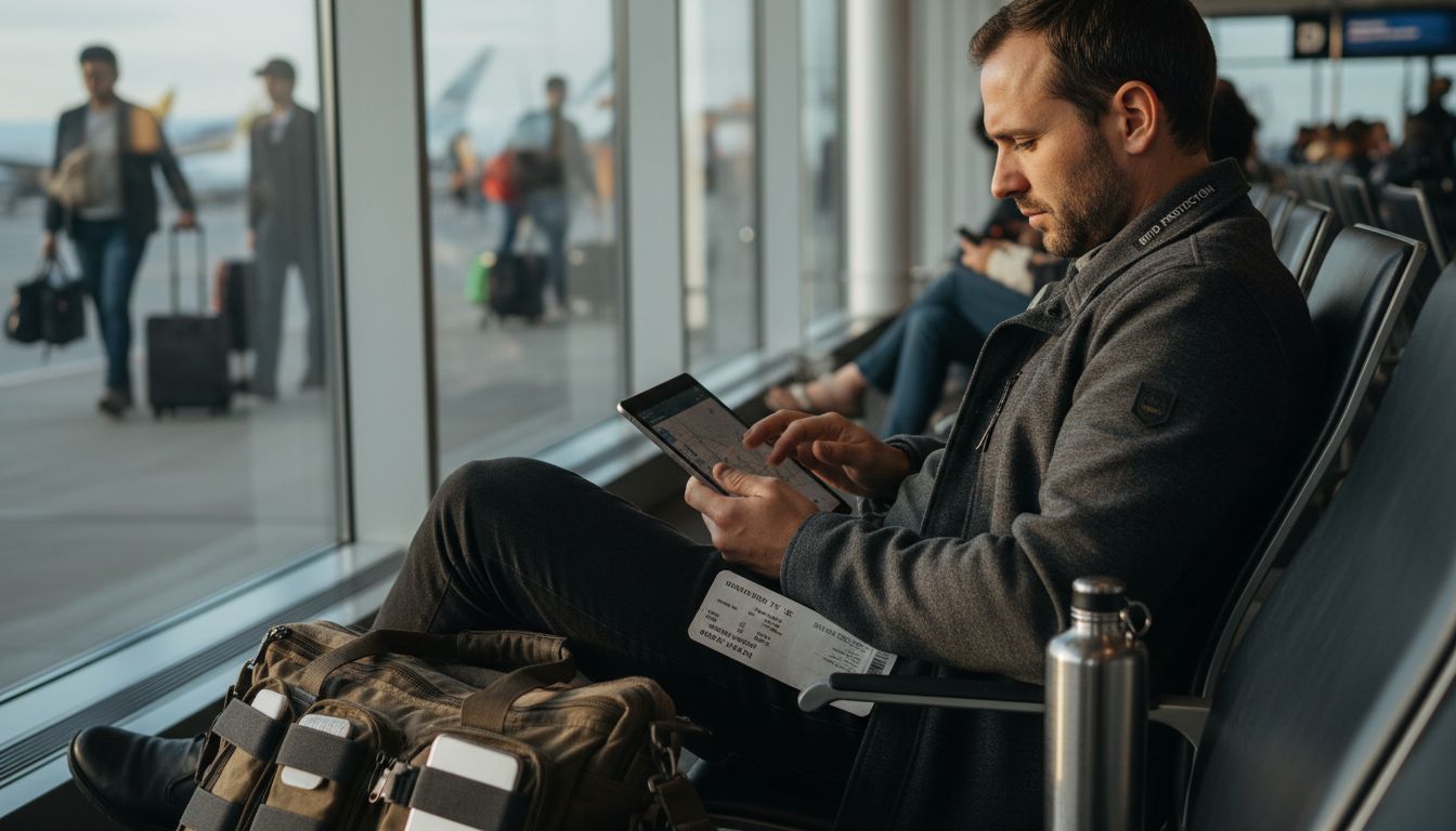 Traveler using tablet in RFID-tech jacket