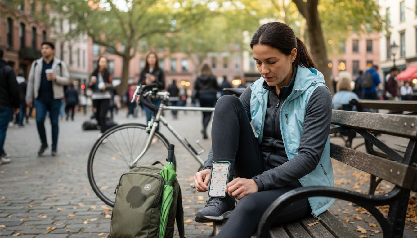 Woman layers tech clothing in city park