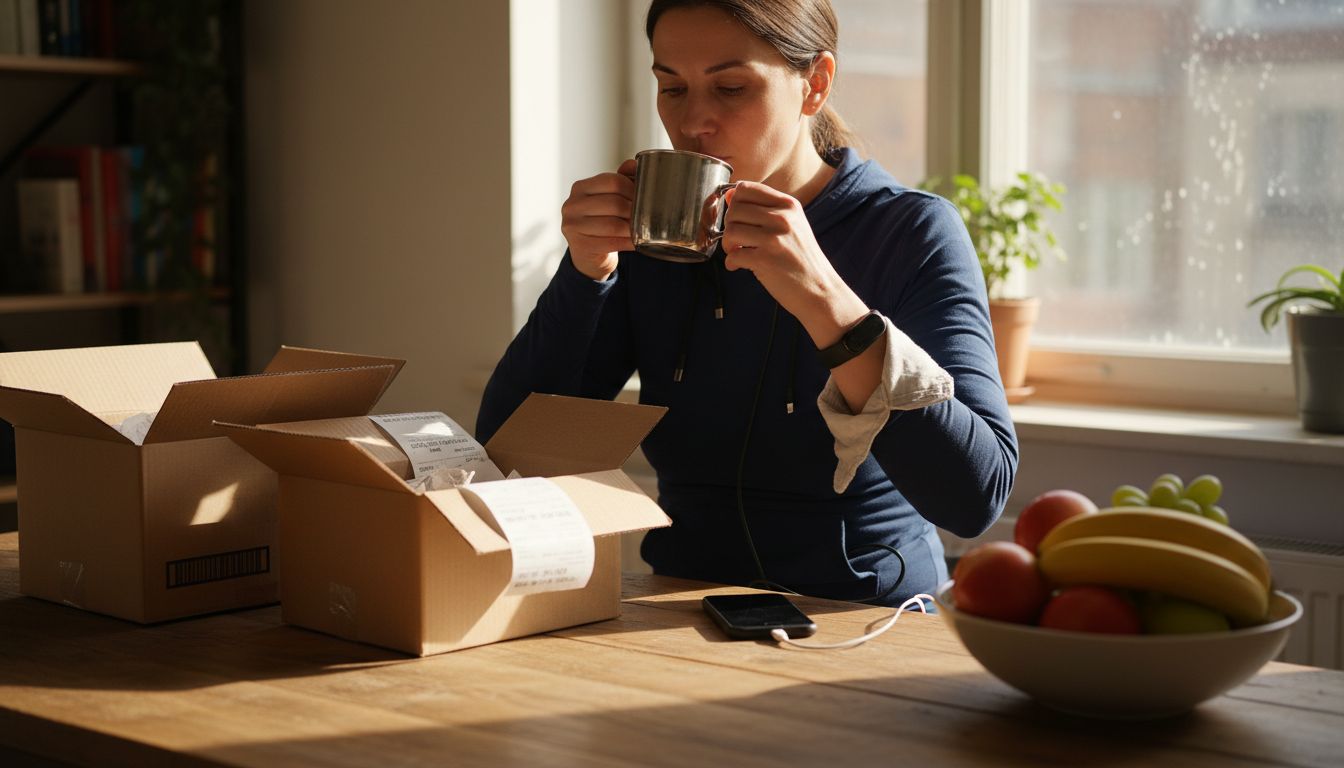 Woman adjusts tech outfit at kitchen table