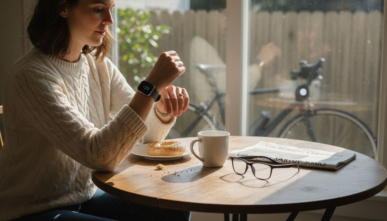 Woman checking smartwatch at kitchen table
