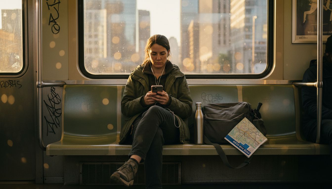 Female commuter in techwear on city train
