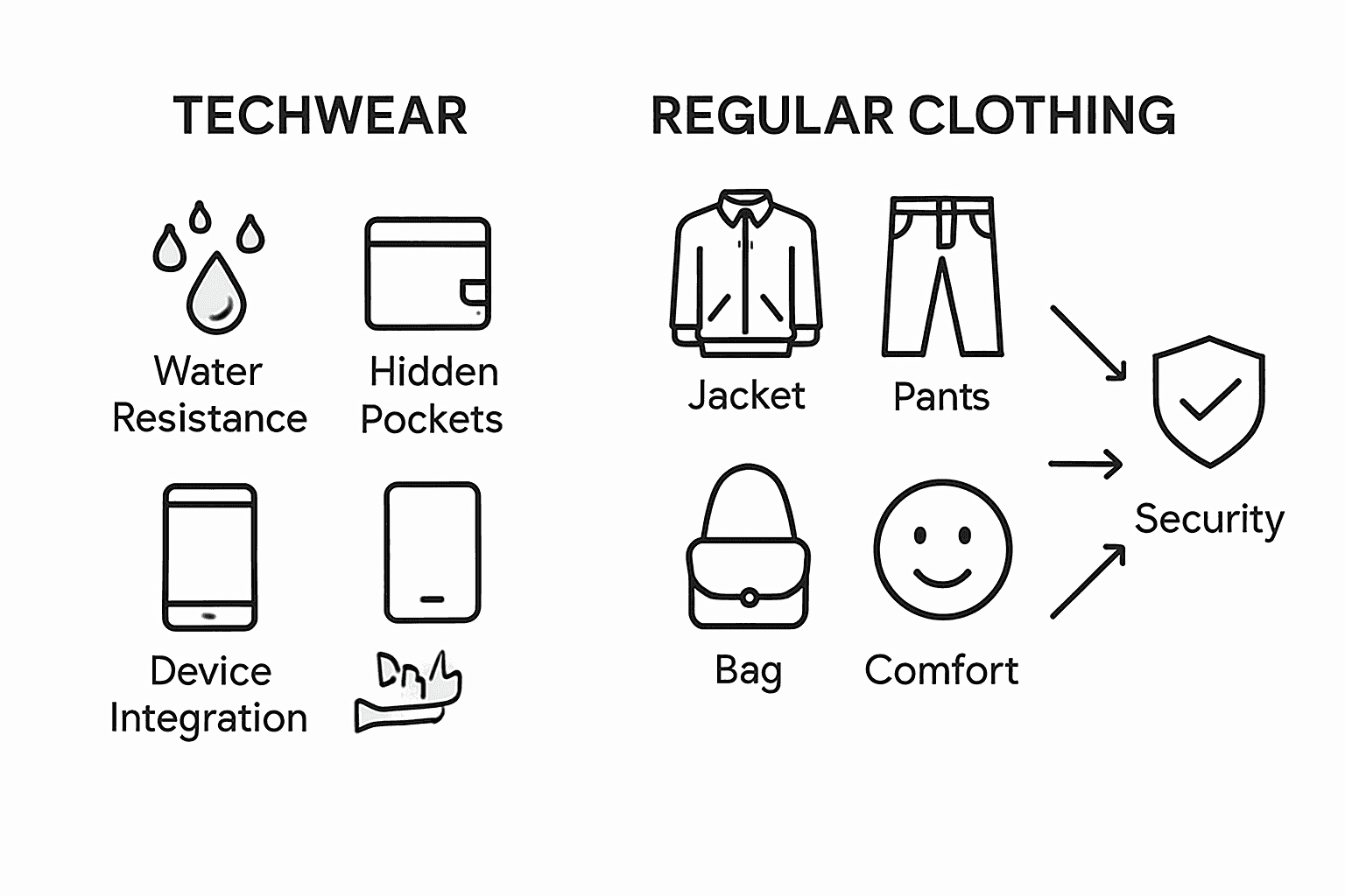 Techwear versus standard clothing infographic comparison