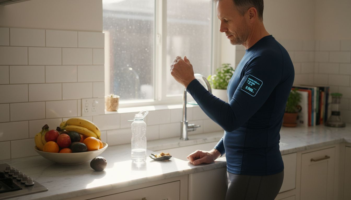 Man checks smart shirt in bright kitchen