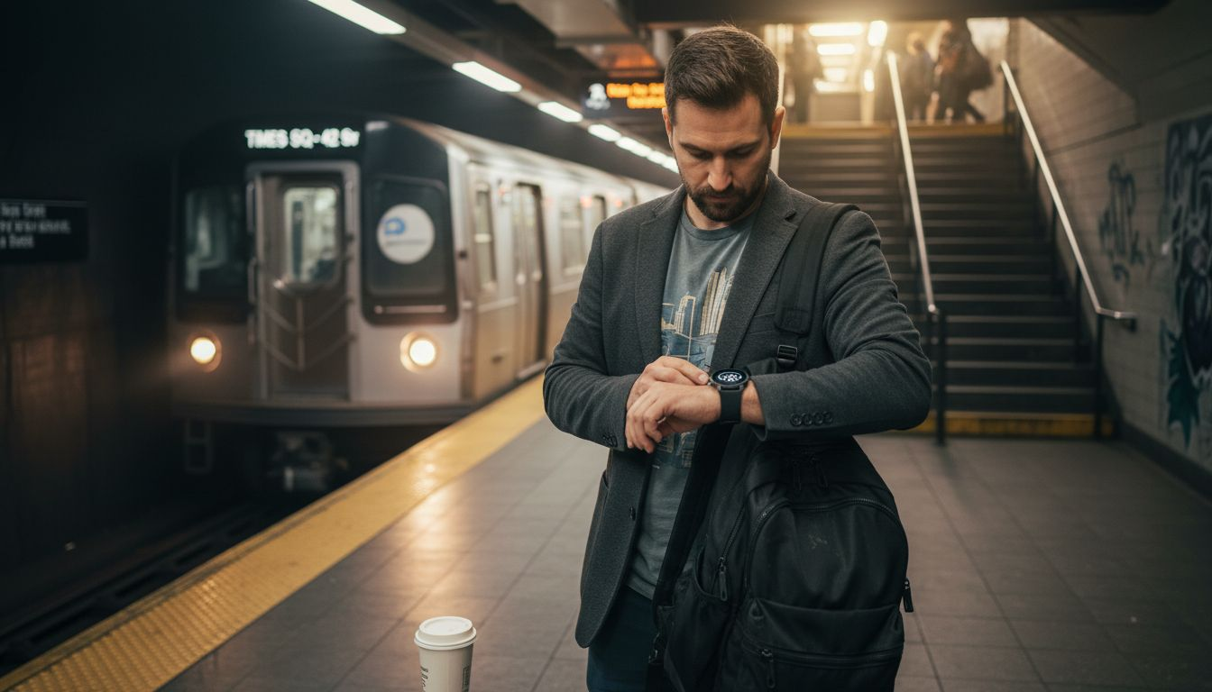 Man uses smart wearables during commute