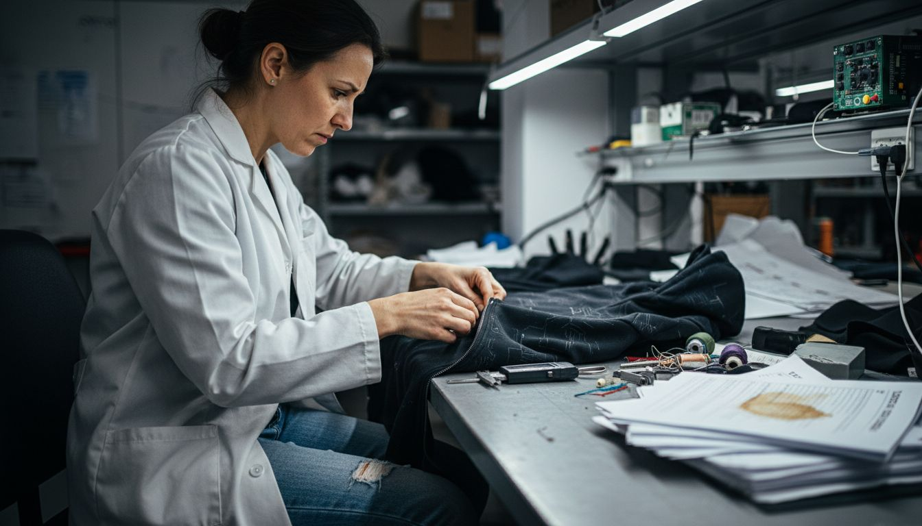 Woman inspecting seams on tech hoodie in lab