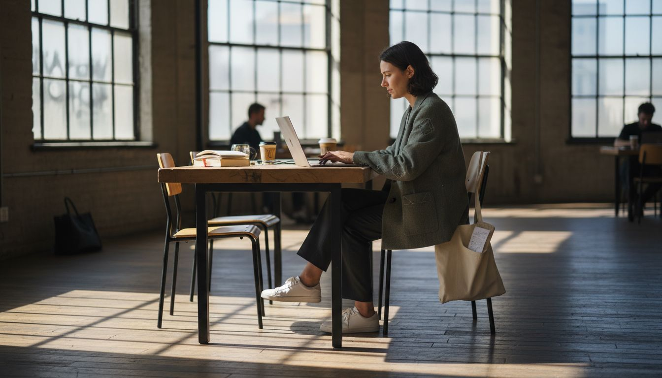 Woman in smart-fabric jacket working at desk