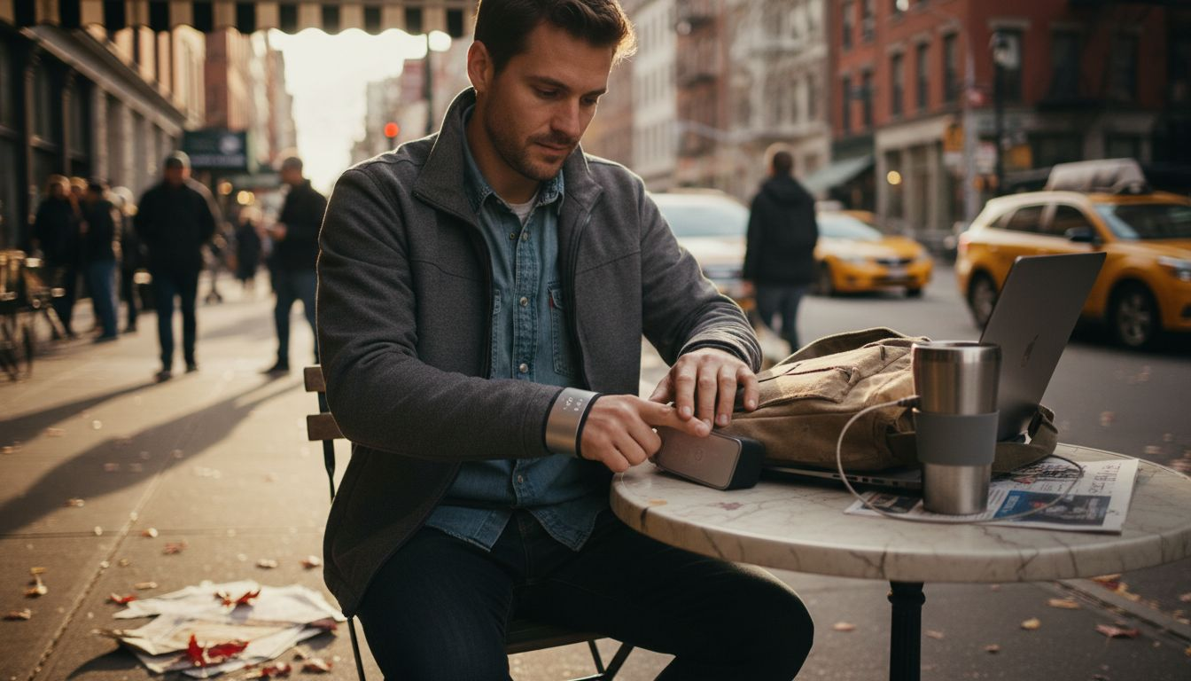 Man adjusting tech jacket at city café