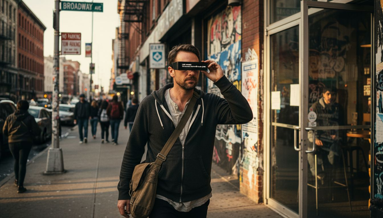 Man adjusting smart glasses in city