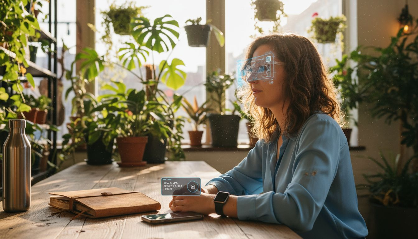 Woman using AR glasses and smartwatch